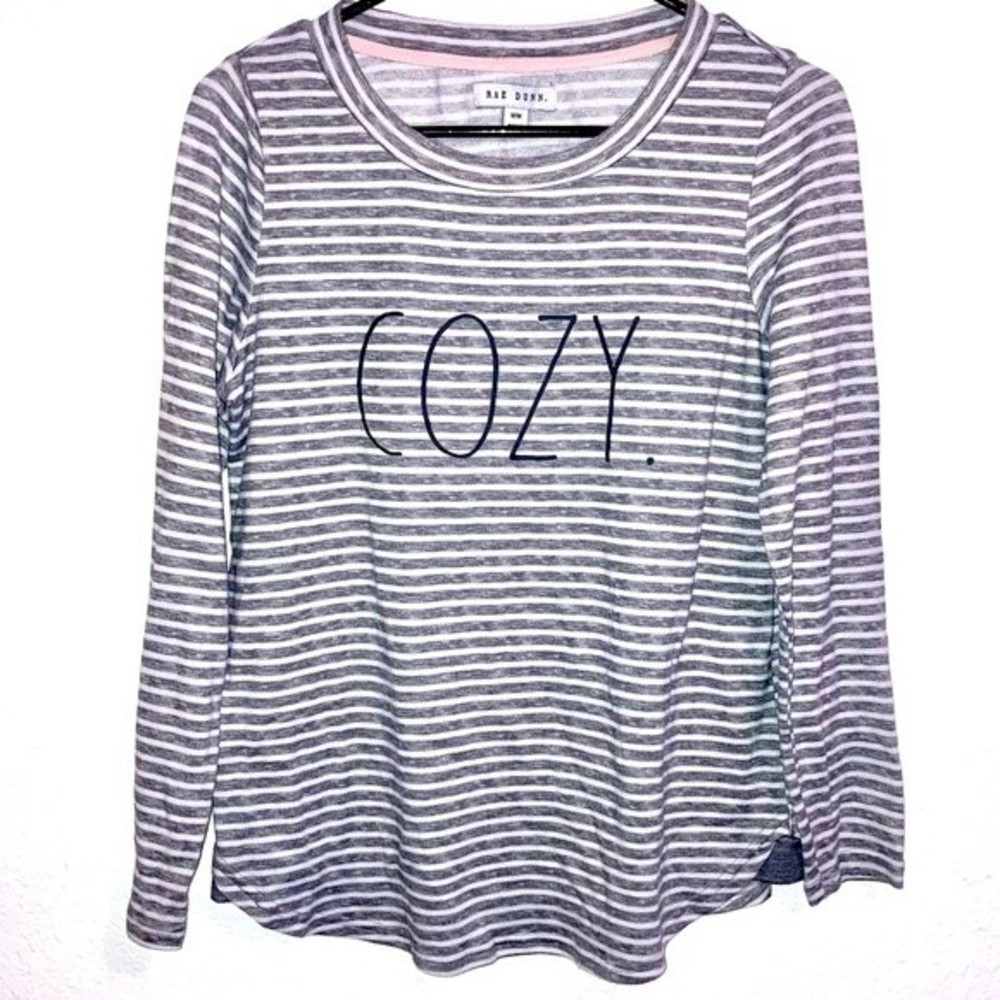 Rae Dunn Grey White Striped “COZY” Long Sleeve Top Size Medium